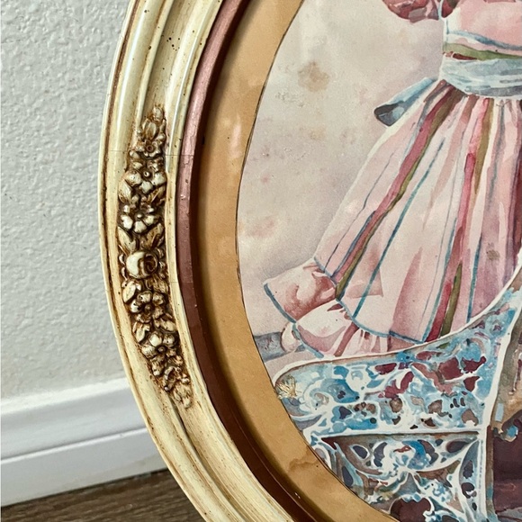Oval Framed Artwork with Child and Cradle - Picture 5 of 10